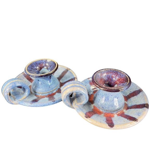 Hand Made Studio Art Pottery Candle Stick Holder Set 2 Multicolor Drop Glaze VTG - Picture 1 of 15
